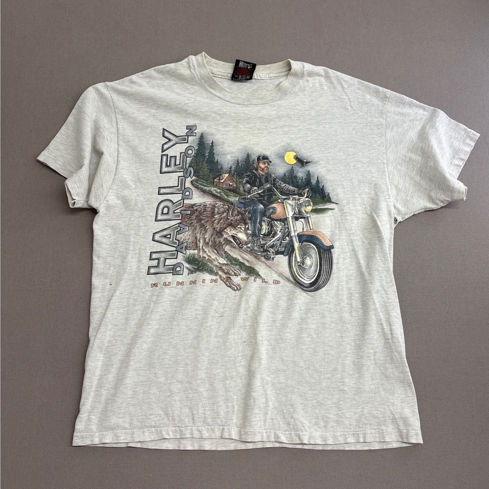 Vintage 1995 Harley Davidson Running Wild Wolf T-Shirt Gray Hanes Beefy-T Large